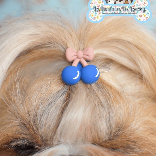 Barrette Originale Cerise Bleu Pour Chien, Chienne À Poil Long / Accessoire Originale, Shih Tzu, Yorkshire, Lhassa Apso