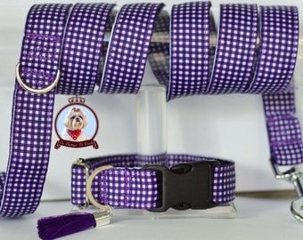 Chic purple and white gingham collar / dog collar, cat / matching leash / dog walk accessory, small dog collar