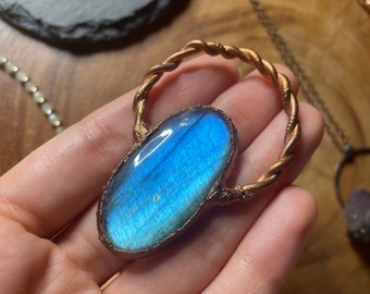 Gorgeous blue labradorite, handmade electroformed jewelry, copper pendant, full flash labradorite