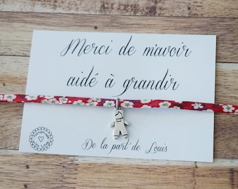 bracelet liberty Merci de m'avoir aidé à grandir - cadeau maîtresse personnalisé - merci maîtresse nounou atsem crèche fin d'année scolaire