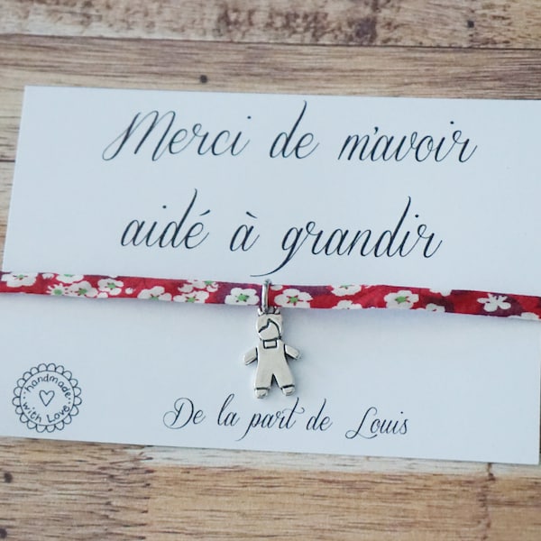 bracelet liberty Merci de m'avoir aidé à grandir - cadeau maîtresse personnalisé - merci maîtresse nounou atsem crèche fin d'année scolaire