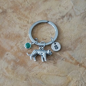 Peut inclure: Un porte-clés argenté avec un charm léopard tacheté noir, une pierre verte et un médaillon avec la lettre "S". L'ensemble est posé sur une surface en bois.