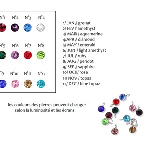 May include: Chart showing 12 different colored gemstones with their corresponding month and name.  The gemstones are arranged in rows of four, with the first row labeled N&deg;1 through N&deg;4, the second row labeled N&deg;5 through N&deg;8, and the third row labeled N&deg;9 through N&deg;12.  The text below the chart reads: "les couleurs des pierres peuvent changer selon la luminosit&eacute; et les &eacute;crans".