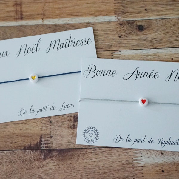 Joyeux Noël Nounou Maîtresse ATSEM AVS - Bonne année - carte personnalisée - bracelet coeur