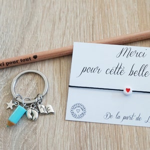 cadeau maîtresse, cadeau ATSEM, cadeau Nounou, merci pour cette belle année, carte merci, bracelet coeur porte clé, crayon à planter