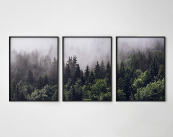 Posters Prints Home Wall Art For Bedroom Indigo Misty Forests Modern 3 Pieces Canvas Wall Art Mountain Forest In Fog Navy Blue Wall Decorations Minimalist Canvas Art Evergreen Coniferous Trees Gallery