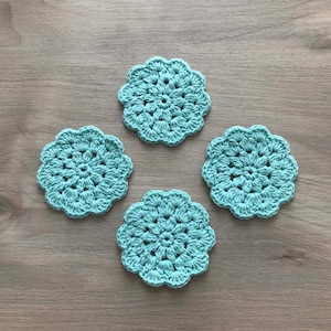 100% Recycled Cotton Crochet Turquoise Coasters - Set of 4, Recycled Coasters, Turquoise Coaster Set, Crochet Coaster Set, Cotton Coasters