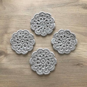 100% Recycled Cotton Crochet Grey Coasters - Set of 4, Recycled Coasters, Grey Coaster Set, Crochet Coaster Set, Grey Crochet Coasters