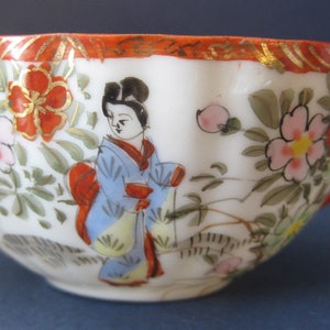 Japanese Thin Porcelain Hand Enameled Cup & Saucer w/ bird river scene ladies