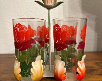 Set of 4 1950-60s Swanky Swig Rosebud Juice Glasses with Vintage Holder FREE SHIPPING available