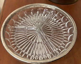 Mid Century Cut Crystal Divided Plate/ Condiment Tray with Silver Rim
