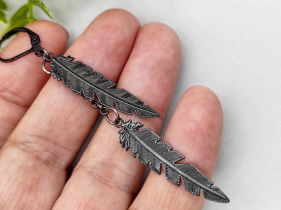 Black metal feather earrings hot sale