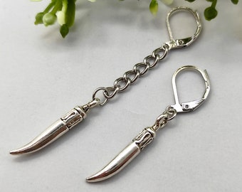 Silver Horn Dangle Earring: Symbolic Tusk Jewelry