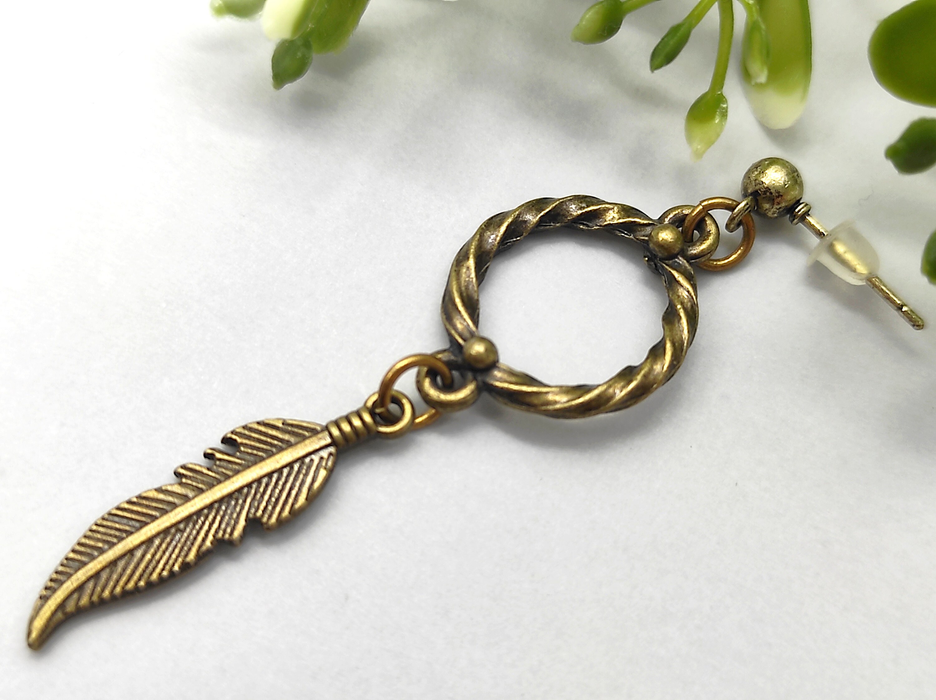 One Feather Earring Bronze Feather Dangle Earring Feather