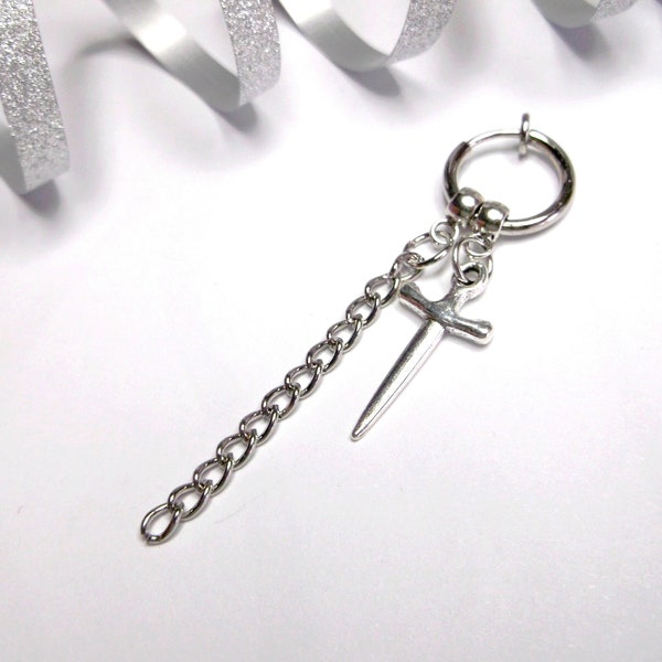 Clip-on earring stainless steel dangle dagger clip-on chain clip-on non pierced sword clip-on two charm earring clip-on sword dangle men