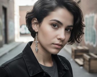 Inverted Cross Dangle Earrings, Goth Spike Charm, Silver Alloy