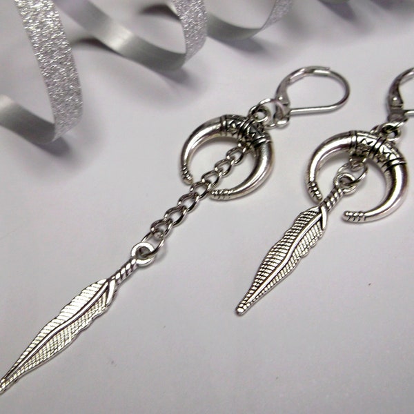 Double charm dangle, silver moon earring, two charm dangle, feather earring, crescent moon earring, asymmetric dangle, chain dangle gift