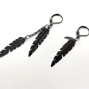 One feather earring metal feather dangle long black dangle men long dangle black men earring symbol earring goth earring double charm dangle
