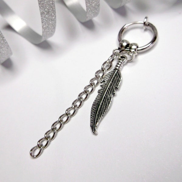 Clip-on earring non pierced earring feather clip-on chain clip-on dangle feather clip-on two charm earring clip-on feather dangle men