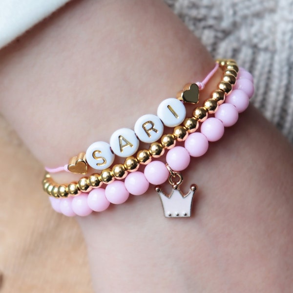 Gepersonaliseerde roze en gouden prinsessenarmbanden Verjaardagscadeau Prinsessenfeestje Kerstcadeau voor kleine prinses Sieraden voor kleine meisjes