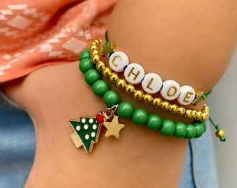 3 Personalized Christmas tree kids bracelets Custom advent fillers Christmas gifts for kids Stocking stuffers Xmas jewelry Name bracelet