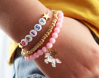 3 bracelet personnalisé pour enfants Bracelet de nom de licorne rose Cadeau d’anniversaire de licorne Bracelets pour enfants pour les filles Licorne cotillons Bijoux personnalisés