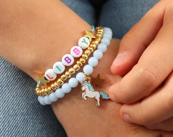 Bracelets de nom de petites filles Bracelet personnalisé Licorne bleue Cadeau d’anniversaire Licorne 3 bracelet personnalisé pour enfants Faveur de fête Licorne pour les filles