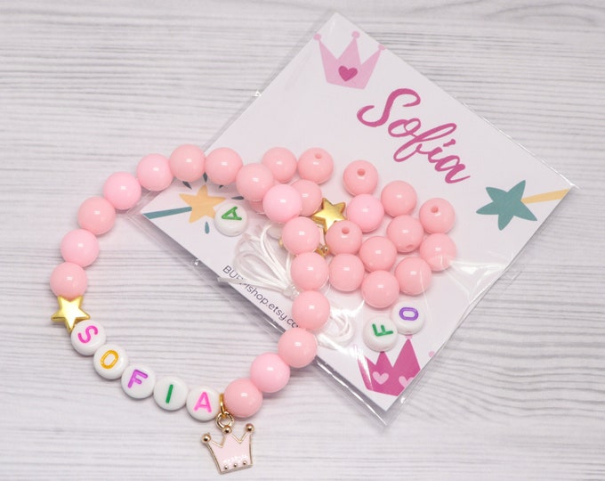 DIY Little girl pink name bracelet Princess jewelry making craft kit Gift for daughter Princess personalised bracelets Princess party favor