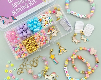 DIY Unicorn jewelry kit Unicorn party activity box craft for kids Personalized making craft kit Stocking stuffers gift DIY name bracelet