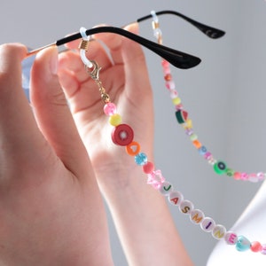 Personalized 90s Inspired trendy sunglasses holder Customizable trendy gift for girl Custom word rainbow and fruit sunglasses lanyard