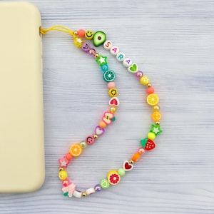 Personalized rainbow fruit phone strap Customisable 90s style beaded phone charm Y2K phone strap Colorful trendy phone charm strap image 4