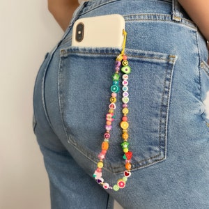 Personalized rainbow fruit phone strap Customisable 90s style beaded phone charm Y2K phone strap Colorful trendy phone charm strap image 7