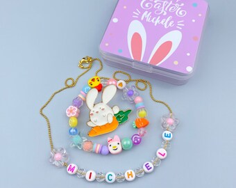 Ensemble de bijoux de Pâques personnalisés Cadeau de Pâques pour fille Remplisseur de panier de Pâques Collier de nom personnalisé Épingle de lapin Bracelet coloré de Pâques