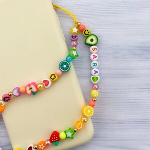 Personalized rainbow fruit phone strap Customisable 90s style beaded phone charm Y2K phone strap Colorful trendy phone charm strap image 5