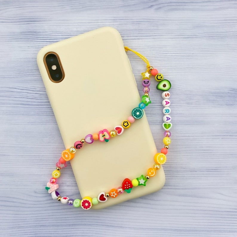Personalized rainbow fruit phone strap Customisable 90s style beaded phone charm Y2K phone strap Colorful trendy phone charm strap image 1