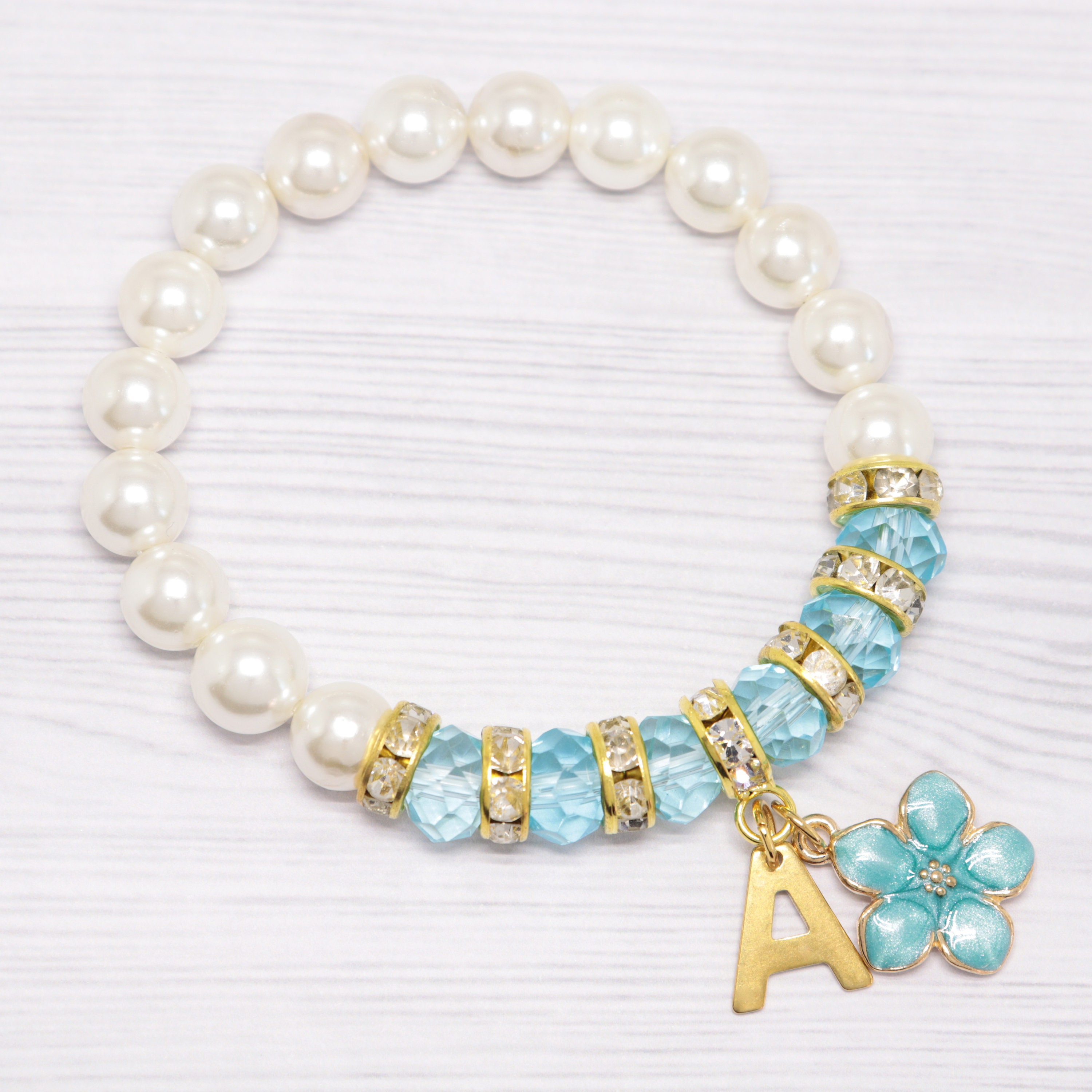 Pearl & blue crystal flower girl bracelet Custom gift for Etsy