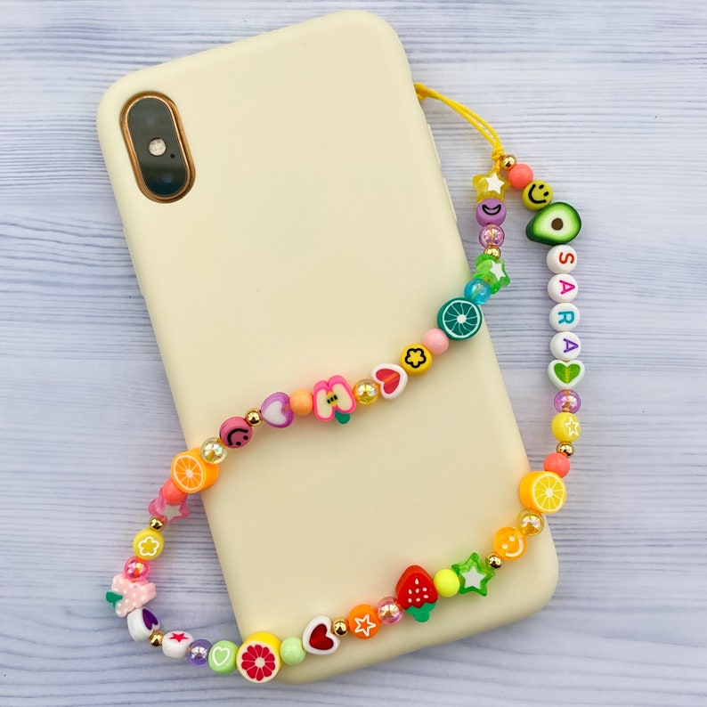 Personalized rainbow fruit phone strap Customisable 90s style beaded phone charm Y2K phone strap Colorful trendy phone charm strap image 2