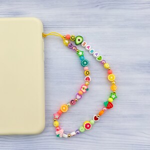 Personalized rainbow fruit phone strap Customisable 90s style beaded phone charm Y2K phone strap Colorful trendy phone charm strap image 3