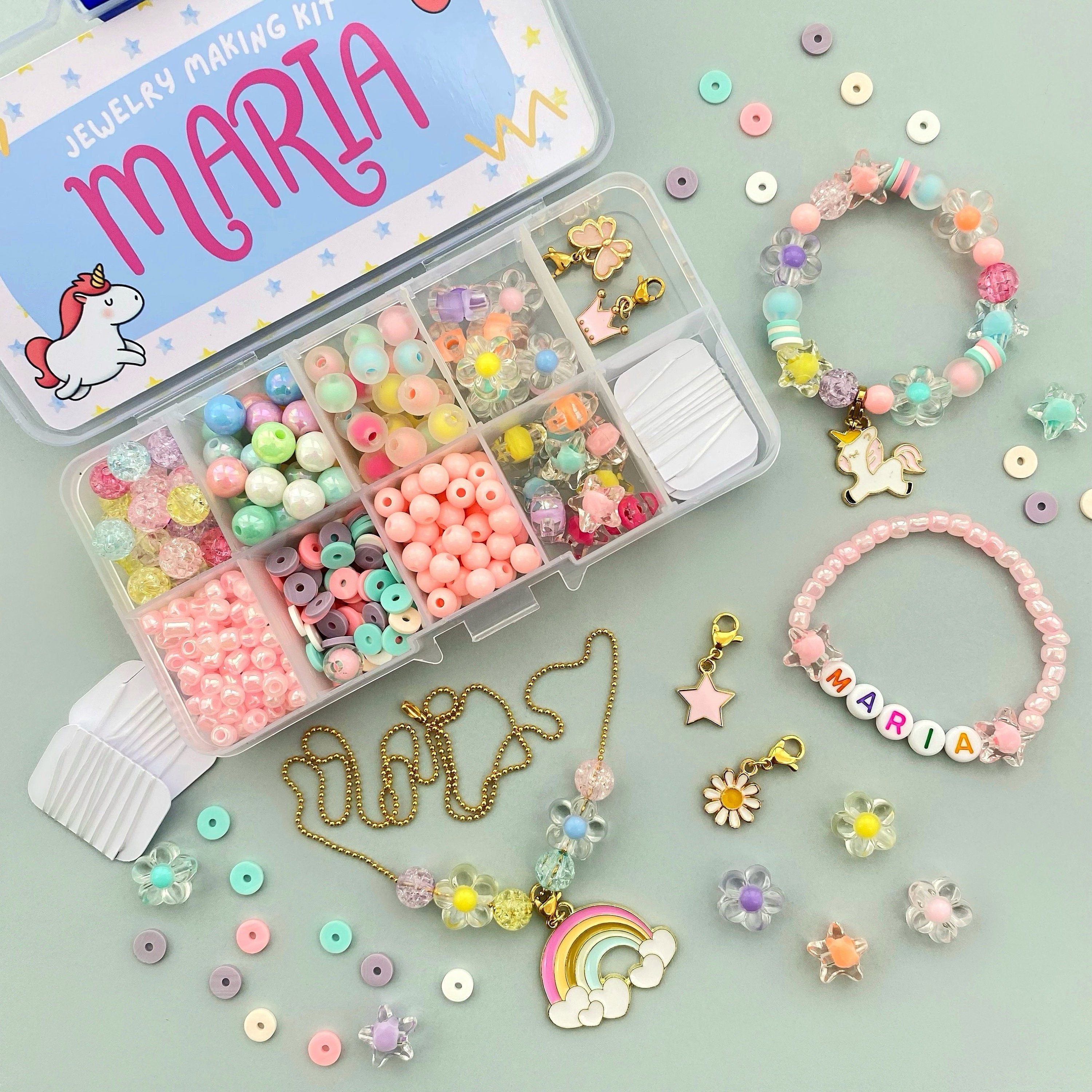 Kit de fabricación de pulseras para niñas pequeñas DIY Caja de actividades  para fiestas para niñas Kit de artesanía Kit de fabricación de joyas  personalizado para niñas Pulsera con nombre elástico DIY 