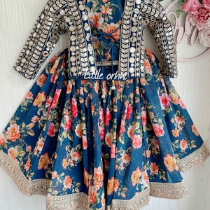 Midnight Blue Floral Lehenga with Jacket | Children's Stitched Lehenga | Kids' Readymade Indian Wear | Birthday Dress | Kid Lehenga Choli