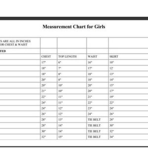 May include: A measurement chart for girls, detailing chest, top length, waist, and skirt measurements in inches. The chart covers ages from 0 to 3 months up to 11 years, with waist measurements being elasticated.