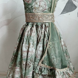 Sage Green Floral Lehanga With Embroidery All Over   | Traditional Indian Dress for Girl | Lehenga for Girl | Kid Lehenga Choli