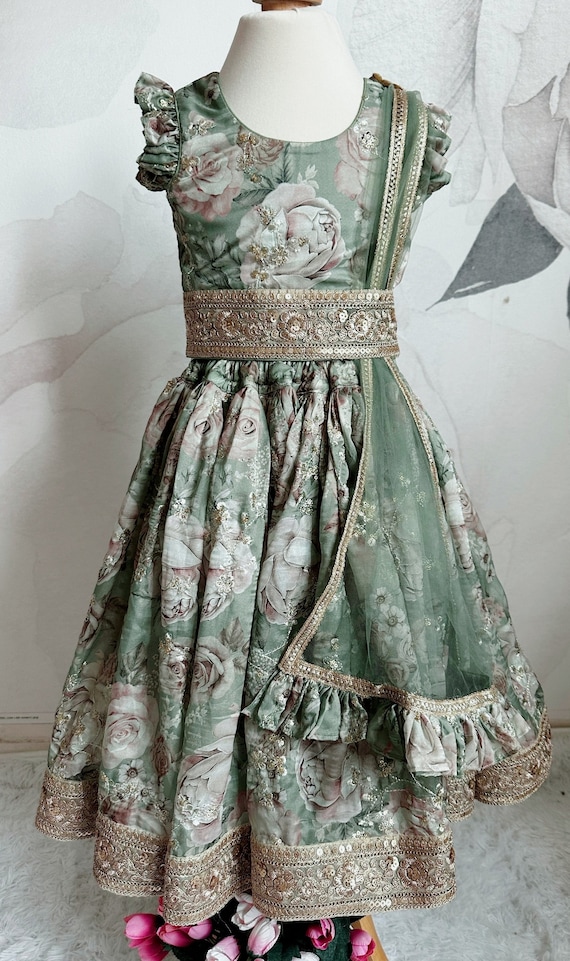Sage Green Floral Lehanga With Embroidery All Over   | Traditional Indian Dress for Girl | Lehenga for Girl | Kid Lehenga Choli