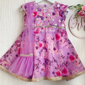 Lavanda Floral Anarkali | Bordado Zari festivo especial Anarkali | Vestido floral infantil usa vestido | Vestido Flor Lavanda Infantil Anarkali