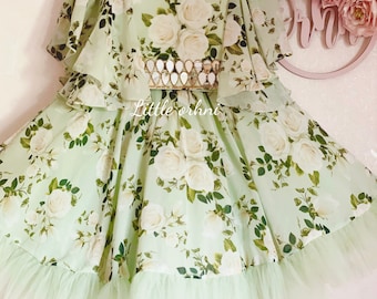 Pepparmyntablommig lehenga | Blommig organza lehenga choli för baby | Indiska kläder för babyflicka | Lehenga Eid-klänning för småbarn | Presenter till barn