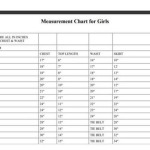 May include: Measurement chart for girls' clothing, detailing chest, top length, waist, and skirt measurements in inches. Sizes range from 0-3 months to 11 years, with waist measurements elasticated. The chart is designed for girls' measurements across the body.