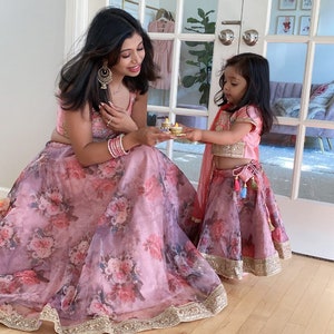 Mommy Daughter Twinning Set | Pink Floral Lehenga | Sequins Embroidery Organza Wedding Wear Lehenga | Mommy and Me Outfits | Lehenga Choli