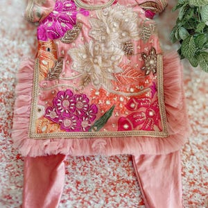 May include: Pink embroidered baby outfit with floral and sequin details. The top has short sleeves and a ruffled hem. The matching pants are a solid pink. The outfit is decorated with gold trim.
