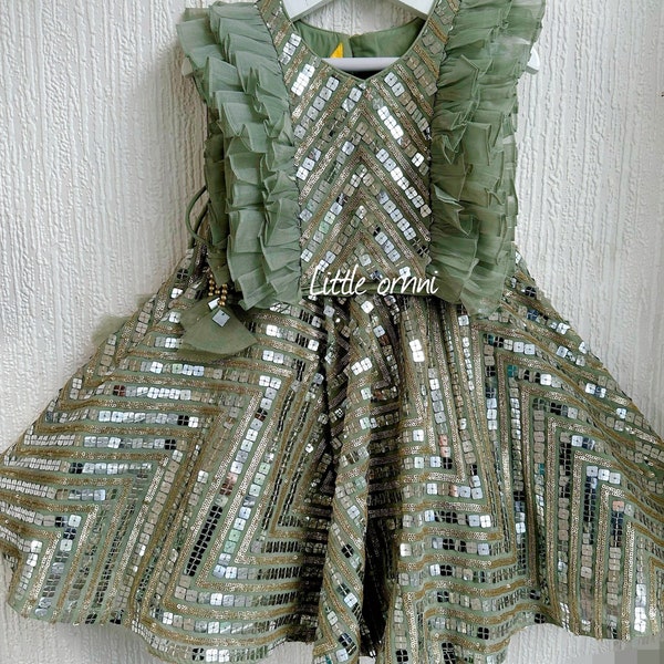 Olive Green Lehenga with Full Sequins Embroidery | Beautiful Olive Green Lehenga | Indian Outfit for Girl | Baby Lehenga | Eid Dress Lehenga