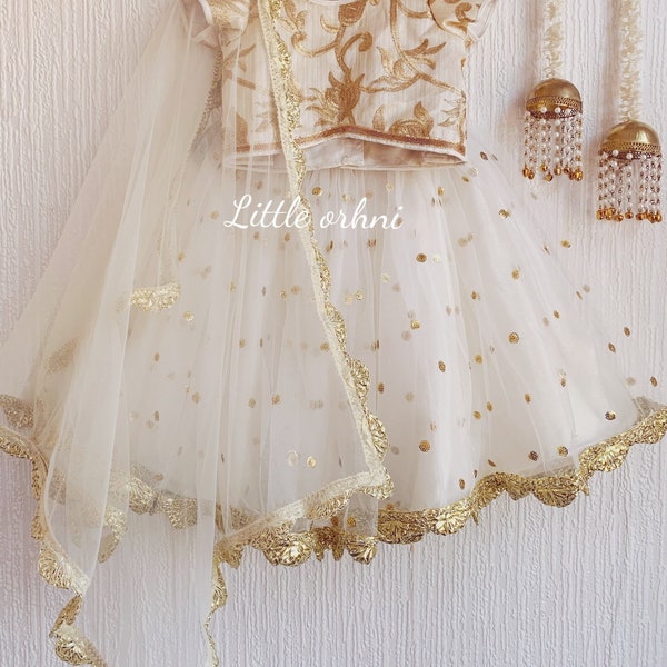 Ensemble Lehenga au jasmin | Lehenga Choli Dupatta blanc bébé fille | Magnifique filet Lehenga Choli pour fille | Robes de l'Aïd | Lehenga Choli pour tout-petit